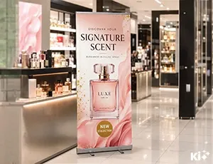 Rollup Budget von Mydisplays.net im POS-Bereich einer Parfümerie als Parfum-Werbung