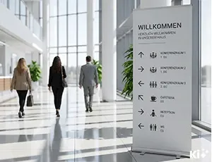 Rollup Budget von Mydisplays.net im Empfangsbereich als Wegeleitsystem aufgestellt
