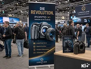 Rollup Budget von Mydisplays.net auf einer belebten Messe-Ausstellung mit Kamerapräsentation
