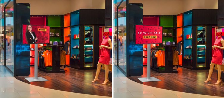 Digitale Display Stelen mit Werbe Content werden gerne in Ladenlokalen platziert Digitale Display Säulen kaufen und Bewegtbild Inhalte in den Fokus setzen