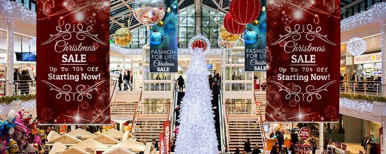  Stoffbanner als Deckenhänger in Ladenlokalen, Gartencentern oder Shopping-Malls