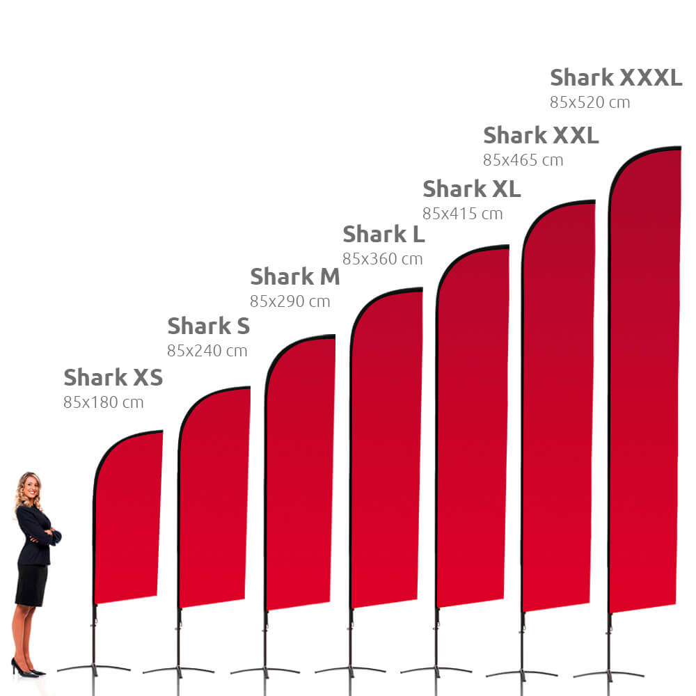 Größenverhältnis der Beachflag Shark | Von XS bis XXXL