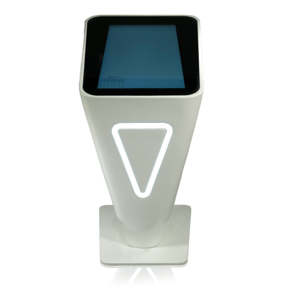 Digital Signage Terminal Tron Cube - Frontansicht mit Lichtleiste und 32 Zoll Touchscreen