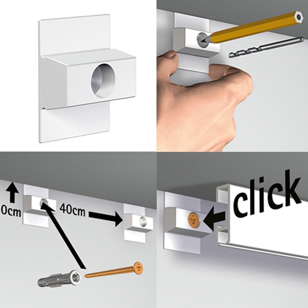 Bilderschiene Click Rail - Clipse befestigen und Schiene einfach aufklicken