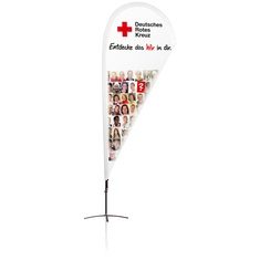 [MYD12000] Beachflag Drop Flag (Komplettsystem inkl. Druck & Tasche, L (87 cm x 340 cm) DF, Einseitig bedruckt - Durchdruck - Rückseite gespiegelt, Zuschnitt, Mit weißem Band, Kreuzfuß mit Schlauchgewicht (12l), Standard Datencheck, gratis)