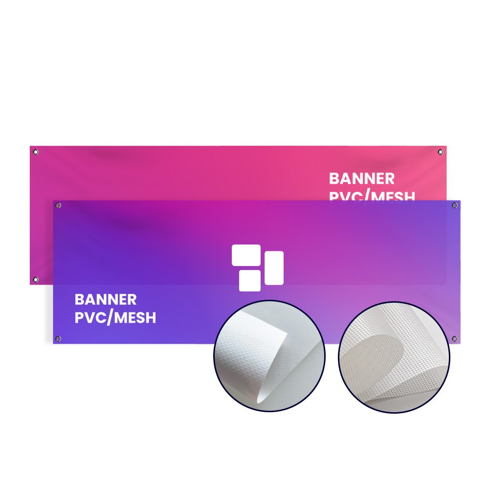 PVC/Mesh Banner (Standardmaße) (Rechteckig (Rolle), Eine Öse in jeder Ecke, W1 Konfektion & Verpacken, Basis Datencheck, gratis (grundlegende Druckdatenkontrolle))