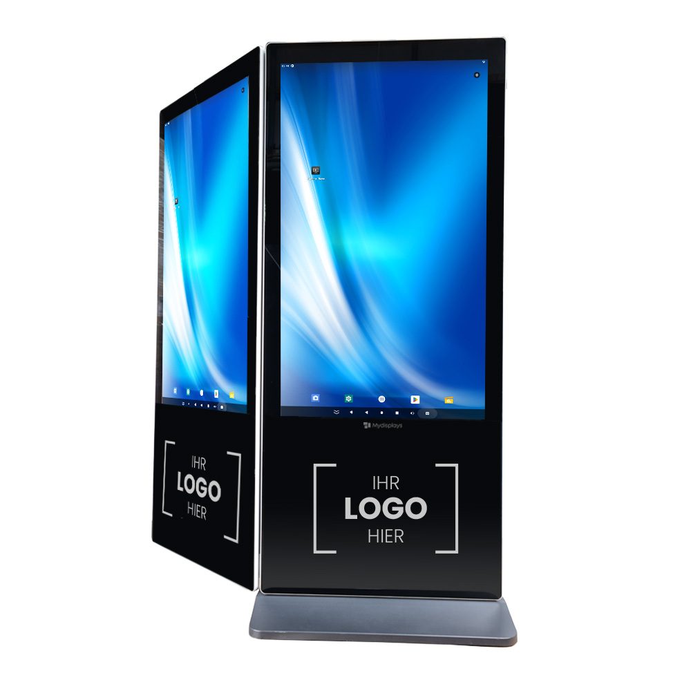 [myd32230] Digital Signage Stele doppelseitig (2x 55" Zoll / Schwarz / Gesamtsystem: 85 x 198 x 61 cm (BxHxT), Ohne, Foliendruck Motiv einseitig unterhalb Display, Zuschnitt, W1 Konfektion & Verpacken, Ohne Hardcase, Basis Datencheck, gratis (grundlegende Druckdatenkontrolle))