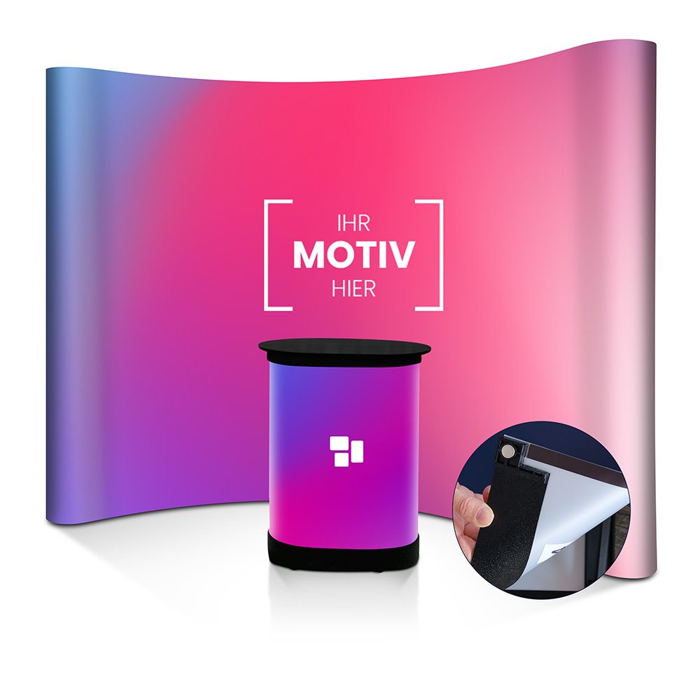 Faltdisplay gebogen (2x3 gebogen, Hart-PVC 350 Mikron, Kostenloses UV LED Härtungsverfahren, Zuschnitt, Buche Dekor, Inkl. Thekendruck, Basis Datencheck, gratis (grundlegende Druckdatenkontrolle))