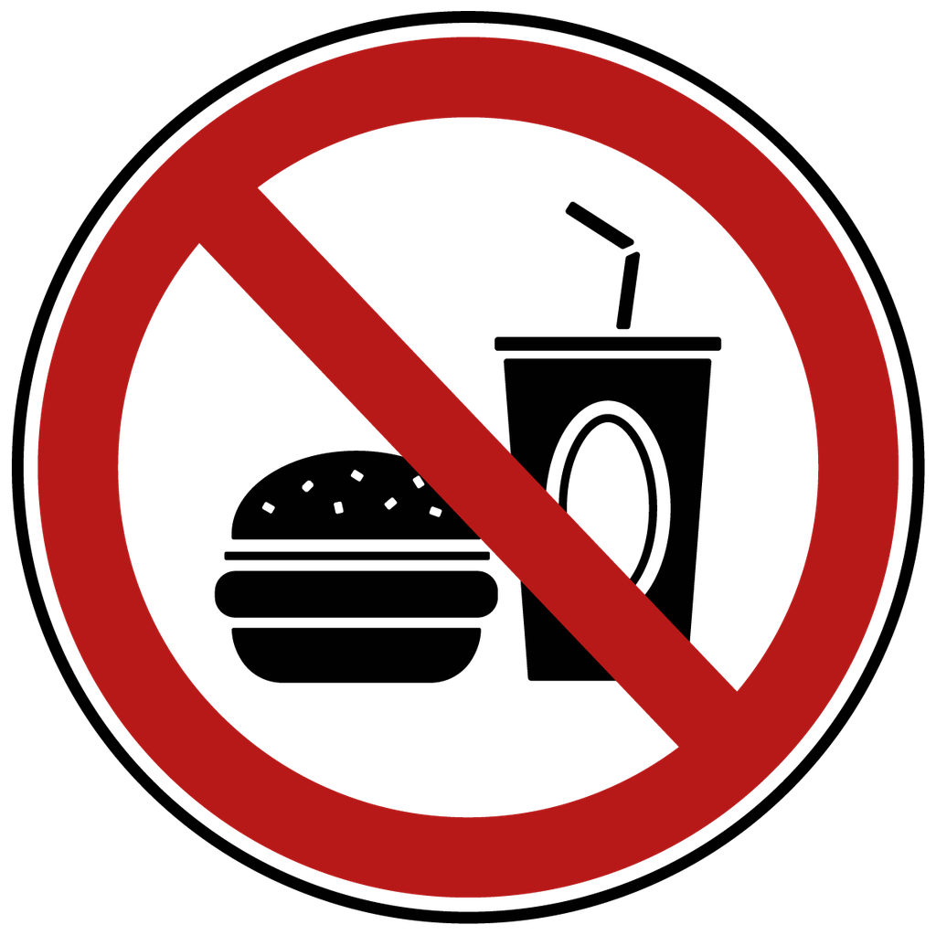 [myd91014] Essen verboten Schild (Selbstklebe-Folie, 3 mm Alu-Verbundplatte, weiß, Bohrungen mit min. 0.9 cm Ø, Zuschnitt (Platte), Konfektion & Verpacken (Platte))