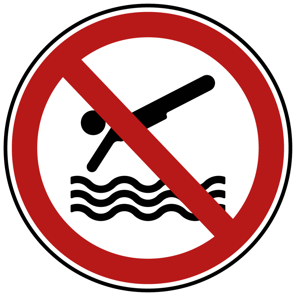 Ins Wasser springen verboten Schild (Selbstklebe-Folie, 3 mm Alu-Verbundplatte, weiß, Bohrungen mit min. 0.9 cm Ø, Zuschnitt (Platte), Konfektion & Verpacken (Platte))